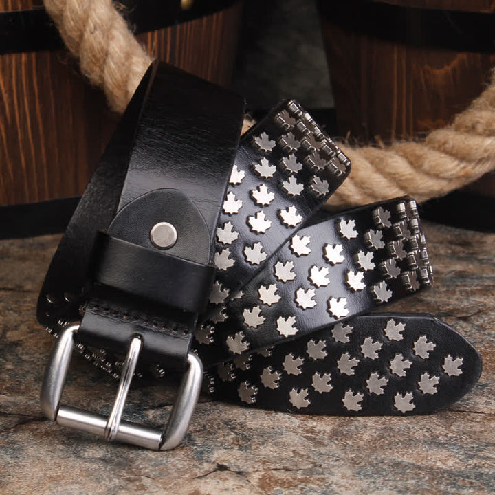 Cinturón de cuero con remaches en forma de hoja de arce exclusivo para hombre