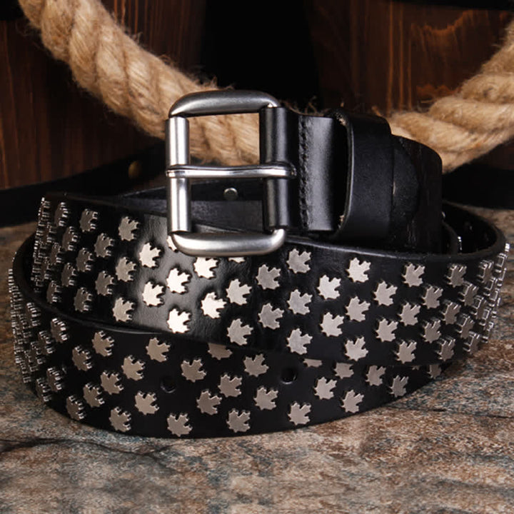 Cinturón de cuero con remaches en forma de hoja de arce exclusivo para hombre