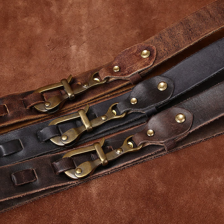 Cinturón de cuero de caballería con hebilla de gancho envejecida estilo retro para hombre