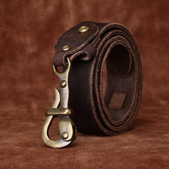 Cinturón de cuero de caballería con hebilla de gancho envejecida estilo retro para hombre