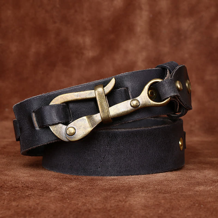 Cinturón de cuero de caballería con hebilla de gancho envejecida estilo retro para hombre