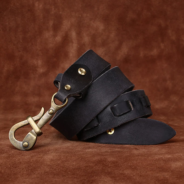 Cinturón de cuero de caballería con hebilla de gancho envejecida estilo retro para hombre