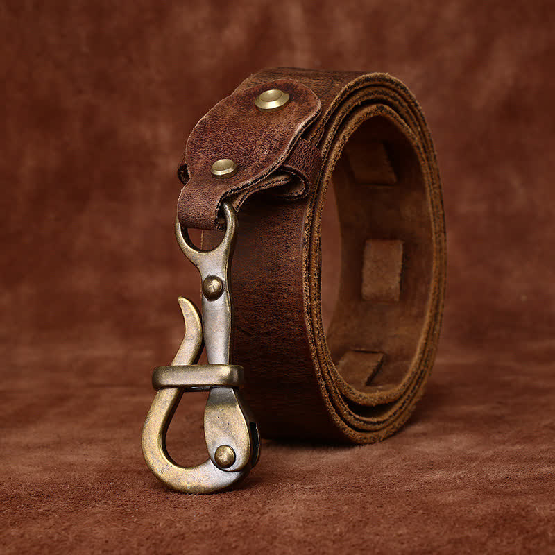 Cinturón de cuero de caballería con hebilla de gancho envejecida estilo retro para hombre