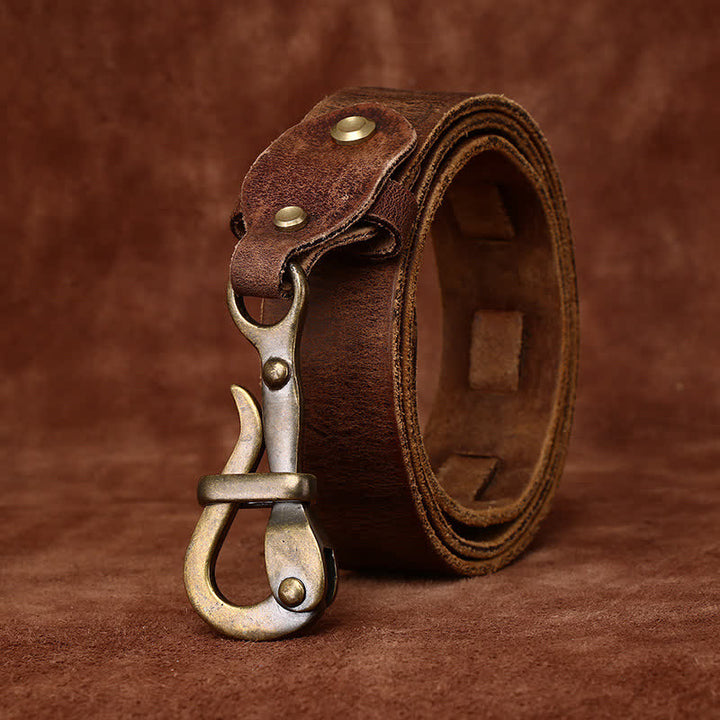Cinturón de cuero de caballería con hebilla de gancho envejecida estilo retro para hombre