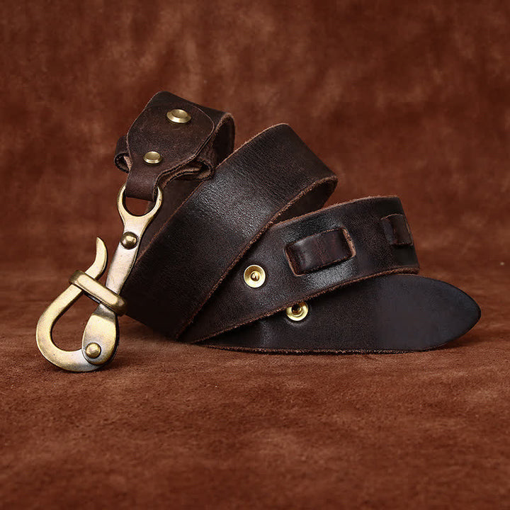Cinturón de cuero de caballería con hebilla de gancho envejecida estilo retro para hombre
