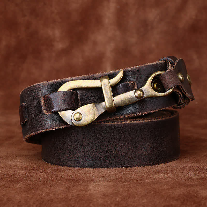 Cinturón de cuero de caballería con hebilla de gancho envejecida estilo retro para hombre