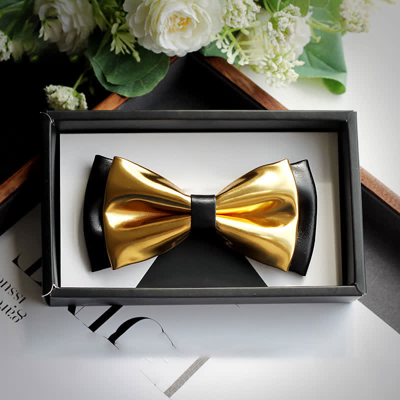 Pajarita de cuero de doble capa en dorado y negro para hombre