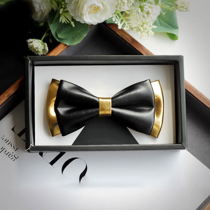 Pajarita de cuero de doble capa en dorado y negro para hombre