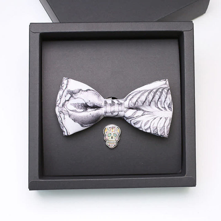 Juego de 2 broches y pajaritas con forma de calavera y esqueleto gris para hombre