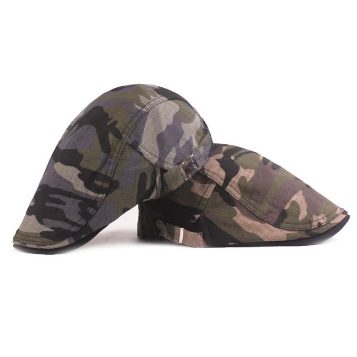 Boina plana estilo vendedor de periódicos con estampado de camuflaje.