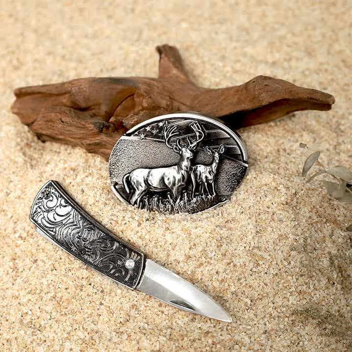 Juego de hebillas de cinturón de cuero con diseño de ciervo y cuchillo plegable oculto para armar uno mismo