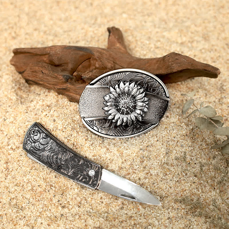 Juego de hebillas de cinturón de cuero con diseño de ciervo y cuchillo plegable oculto para armar uno mismo