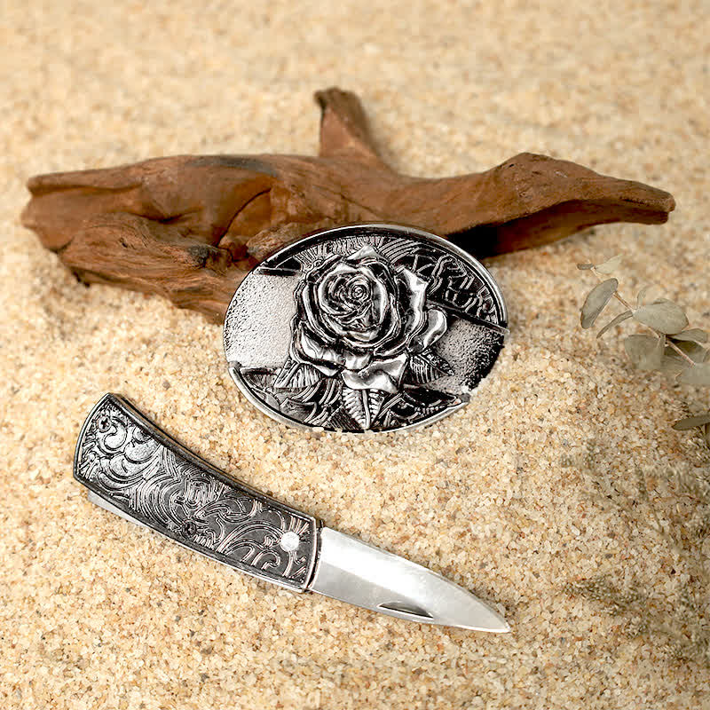 Juego de hebillas de cinturón de cuero con diseño de ciervo y cuchillo plegable oculto para armar uno mismo