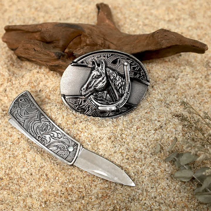 Juego de hebillas de cinturón de cuero con diseño único para armar un cuchillo plegable oculto.