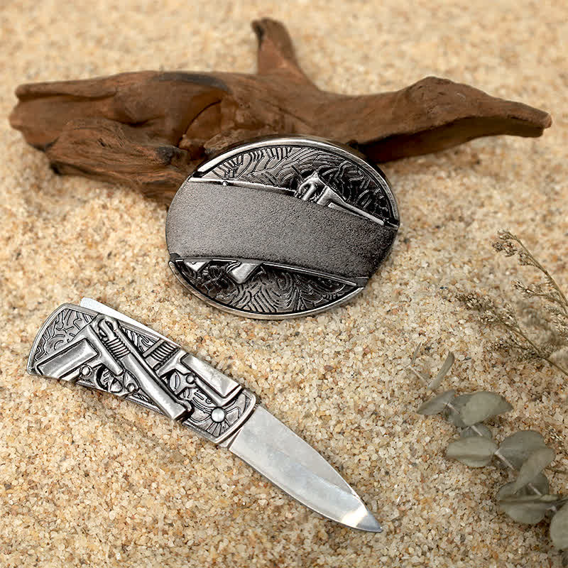 Juego de hebillas de cinturón de cuero con diseño único para armar un cuchillo plegable oculto.