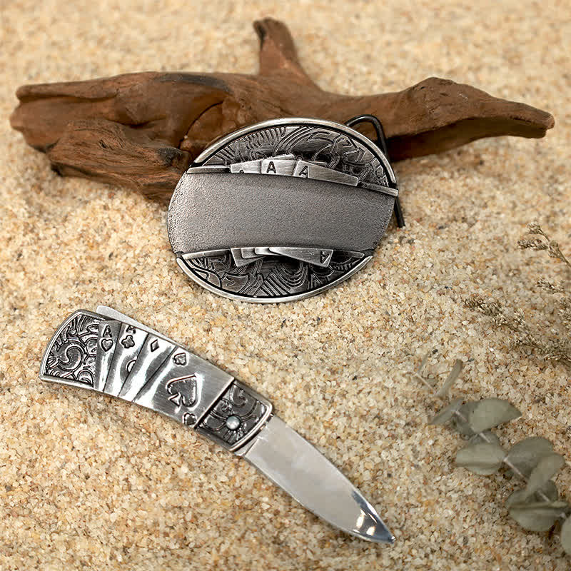 Juego de hebillas de cinturón de cuero con diseño único para armar un cuchillo plegable oculto.
