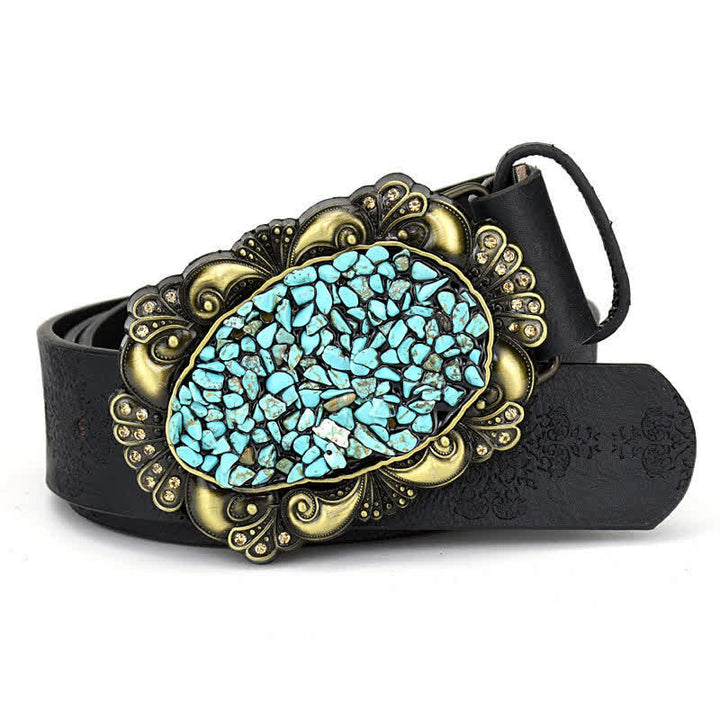 Cinturón de piel turquesa con incrustaciones decorativas de piedras de colores para mujer