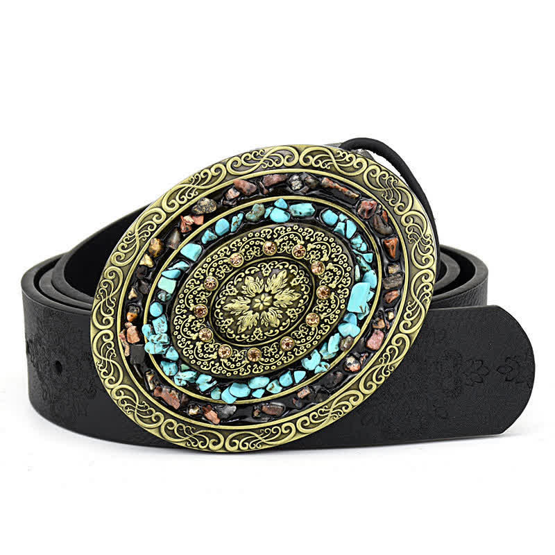 Cinturón de piel turquesa con incrustaciones decorativas de piedras de colores para mujer