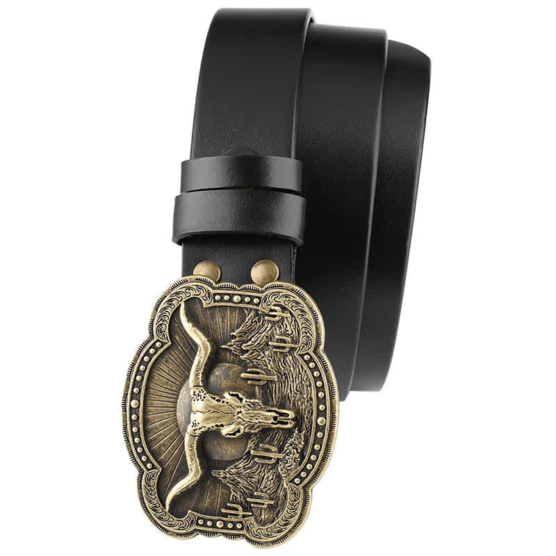 Cinturón de cuero con cabeza de toro de cuernos largos de bronce de rodeo