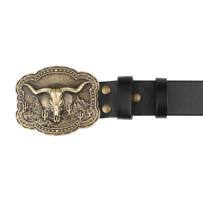 Cinturón de cuero con cabeza de toro de cuernos largos de bronce de rodeo