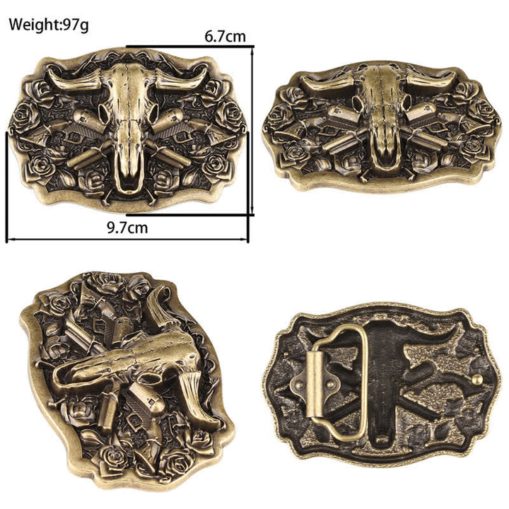 Cinturón de cuero con cabeza de toro de cuernos largos de bronce de rodeo