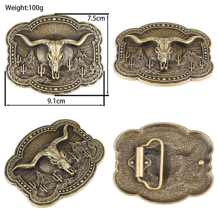 Cinturón de cuero con cabeza de toro de cuernos largos de bronce de rodeo