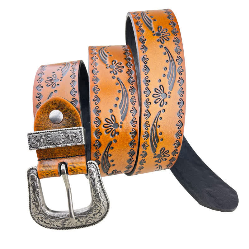 Cinturón de cuero con grabado floral de estilo occidental