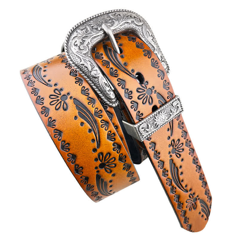 Cinturón de cuero con grabado floral de estilo occidental