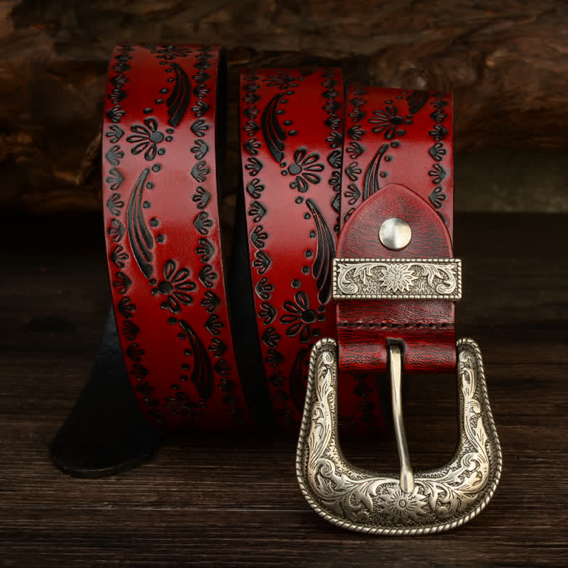 Cinturón de cuero con grabado floral de estilo occidental