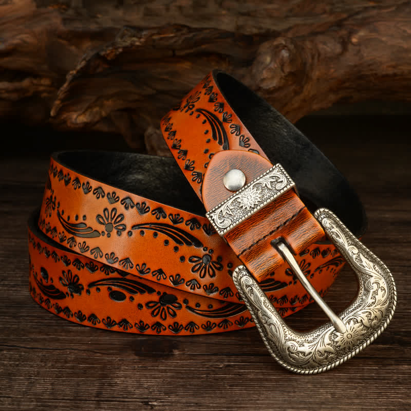 Cinturón de cuero con grabado floral de estilo occidental