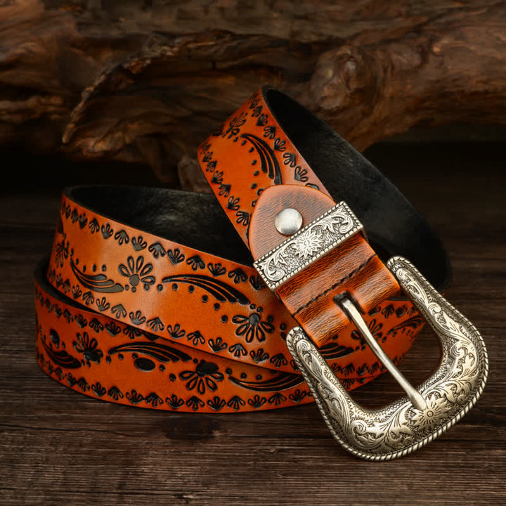 Cinturón de cuero con grabado floral de estilo occidental