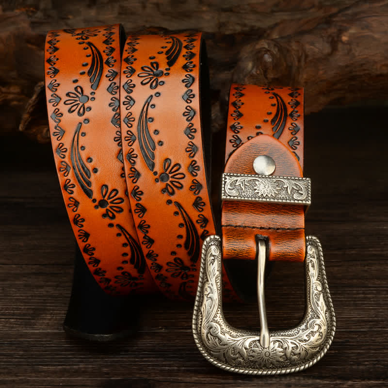 Cinturón de cuero con grabado floral de estilo occidental