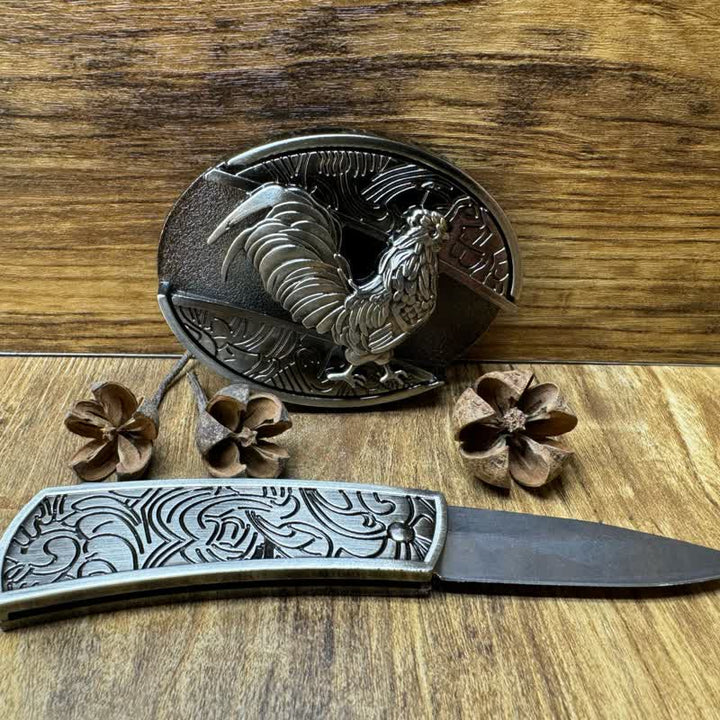 Cinturón de cuero con cuchillo plegable oculto de gallo para hombre