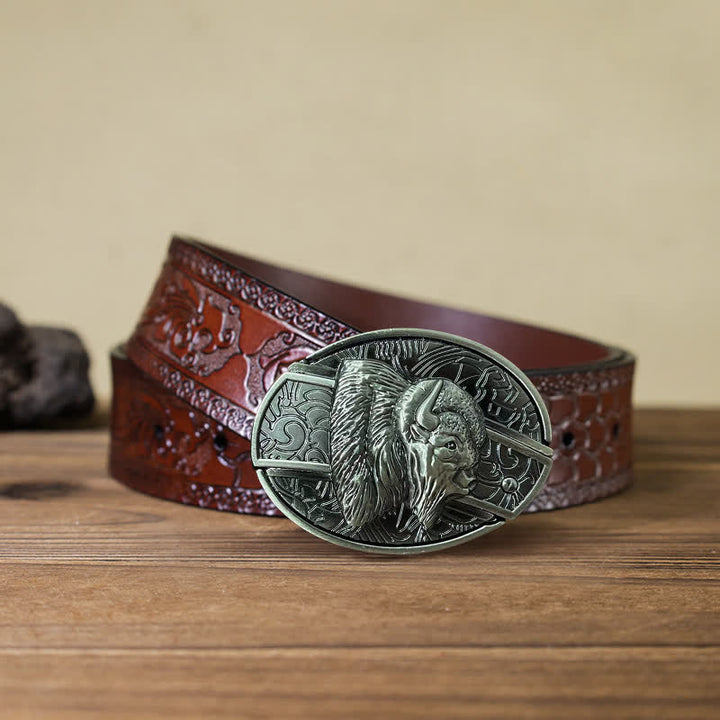 Cinturón de cuero con cuchillo plegable oculto de bisonte para hombre, hecho a mano