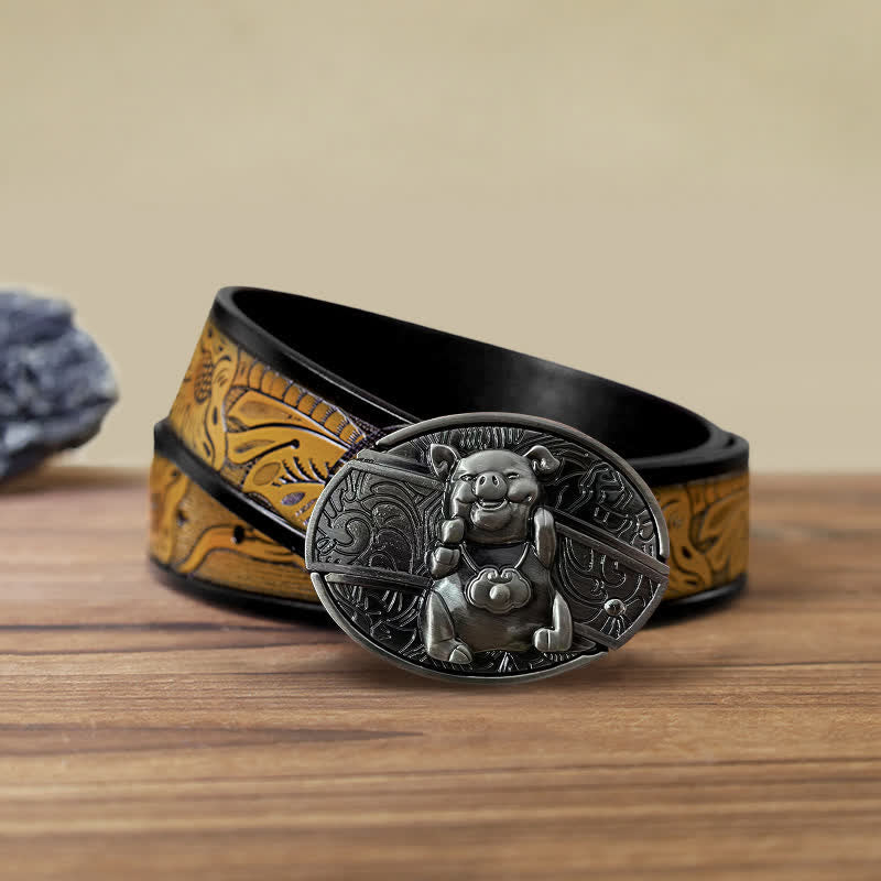 Cinturón de cuero con cuchillo plegable oculto para hombre, hecho a mano con cerdito