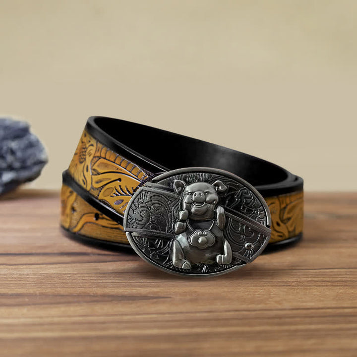 Cinturón de cuero con cuchillo plegable oculto para hombre, hecho a mano con cerdito