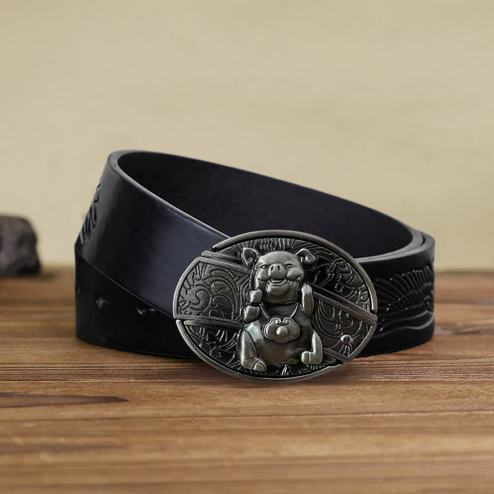 Cinturón de cuero con cuchillo plegable oculto para hombre, hecho a mano con cerdito