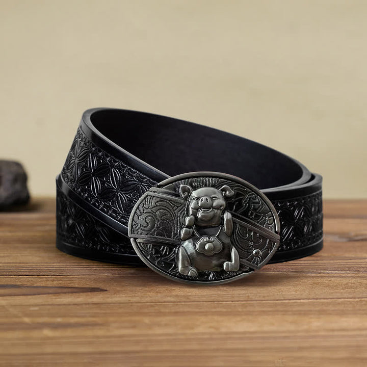 Cinturón de cuero con cuchillo plegable oculto para hombre, hecho a mano con cerdito