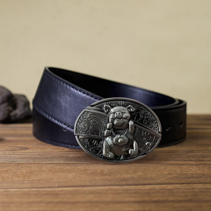 Cinturón de cuero con cuchillo plegable oculto para hombre, hecho a mano con cerdito