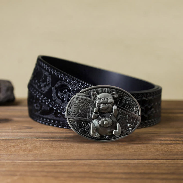 Cinturón de cuero con cuchillo plegable oculto para hombre, hecho a mano con cerdito