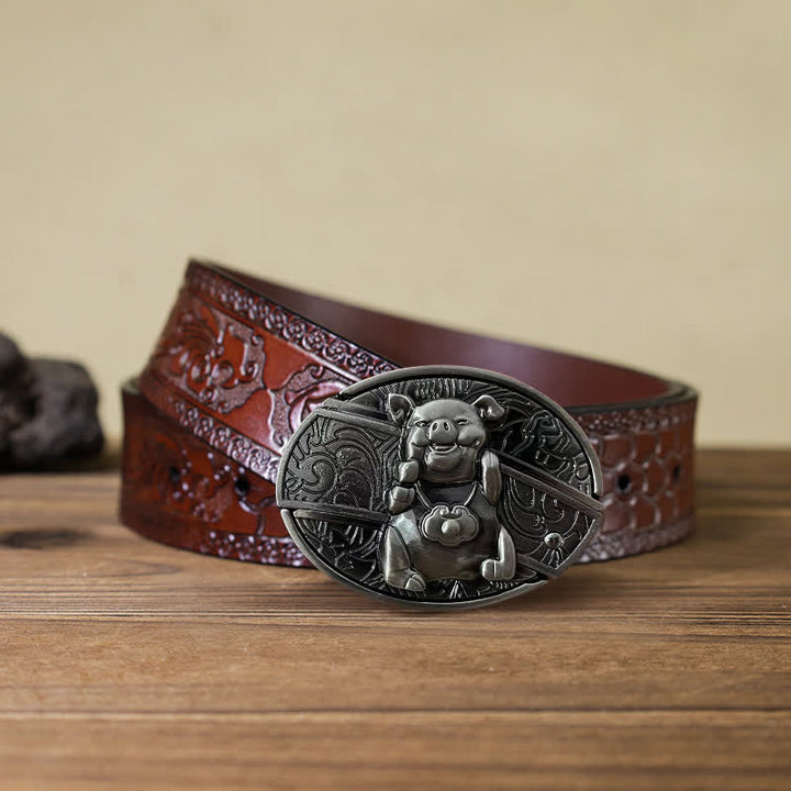 Cinturón de cuero con cuchillo plegable oculto para hombre, hecho a mano con cerdito