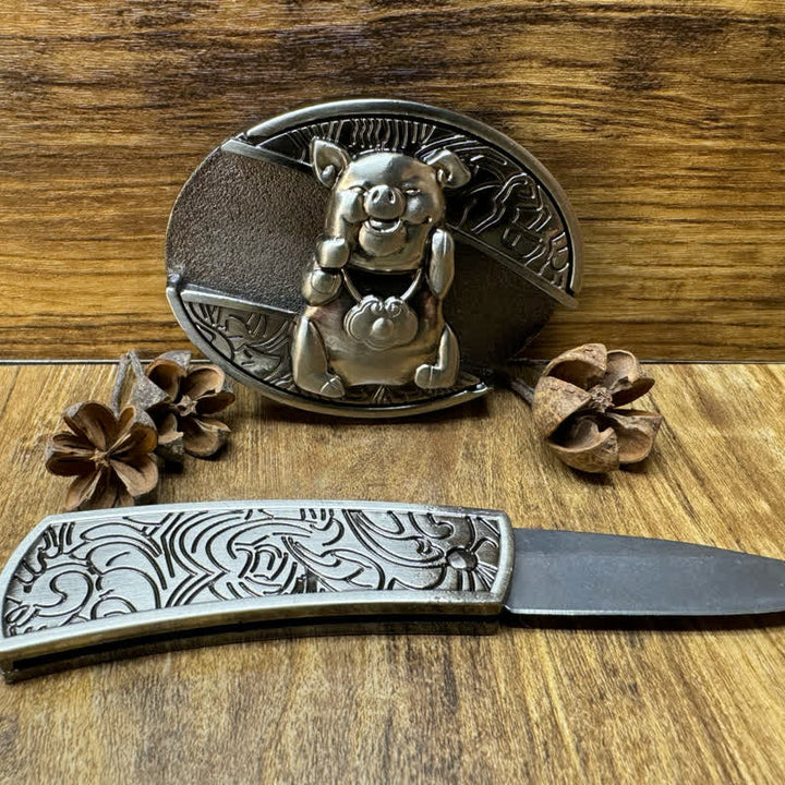 Cinturón de cuero con cuchillo plegable oculto para hombre, hecho a mano con cerdito