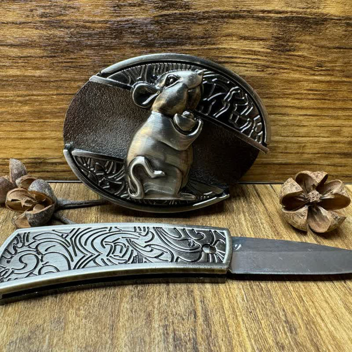 Cinturón de cuero con cuchillo plegable oculto para hámster, hecho a mano por hombres