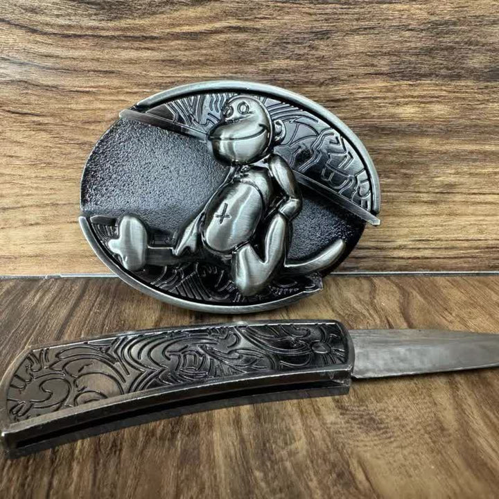 Cinturón de cuero con navaja plegable oculta de mono para hombre