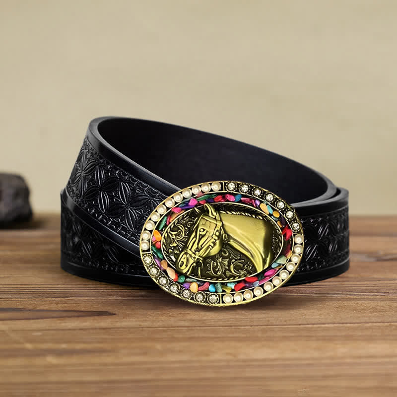 Cinturón de cuero con hebilla de piedra perlada y caballo de bronce para hombre