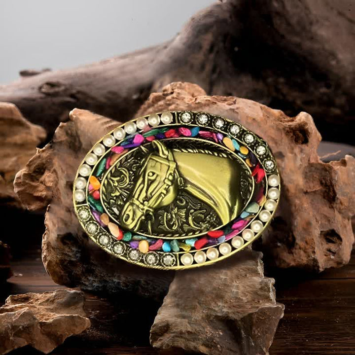 Cinturón de cuero con hebilla de piedra perlada y caballo de bronce para hombre