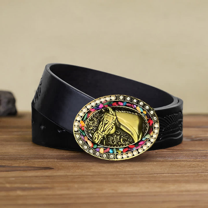 Cinturón de cuero con hebilla de piedra perlada y caballo de bronce para hombre