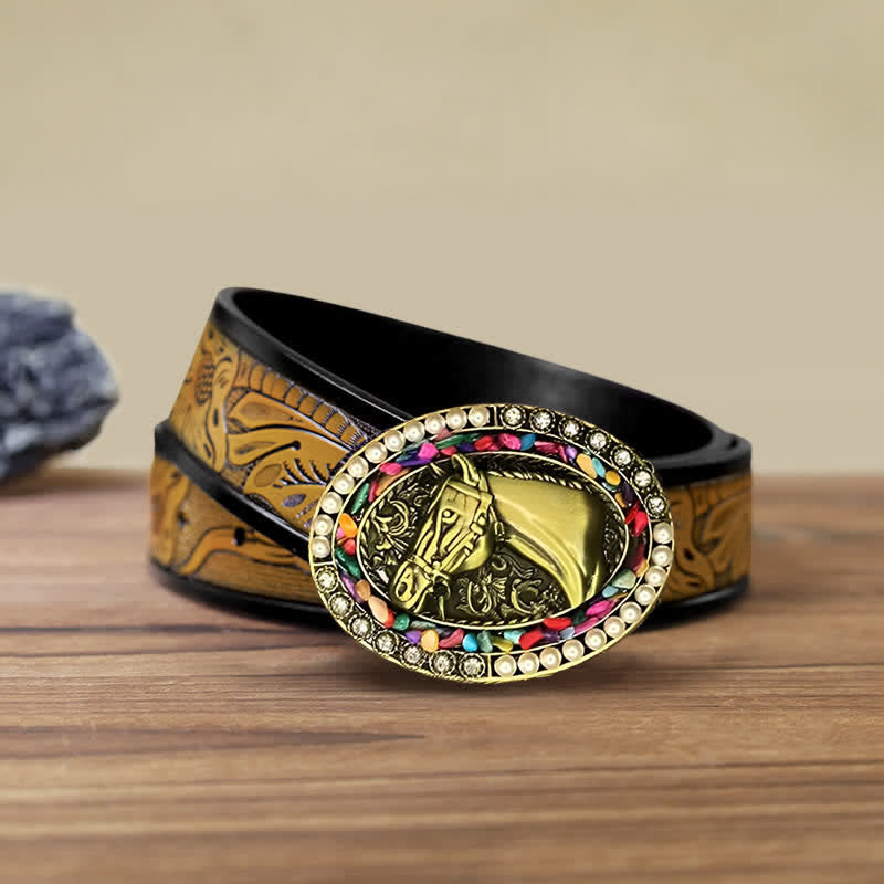 Cinturón de cuero con hebilla de piedra perlada y caballo de bronce para hombre