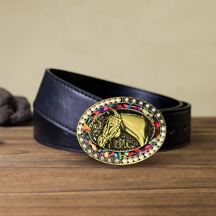 Cinturón de cuero con hebilla de piedra perlada y caballo de bronce para hombre