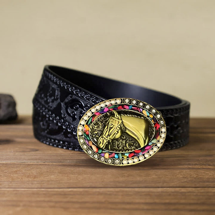 Cinturón de cuero con hebilla de piedra perlada y caballo de bronce para hombre